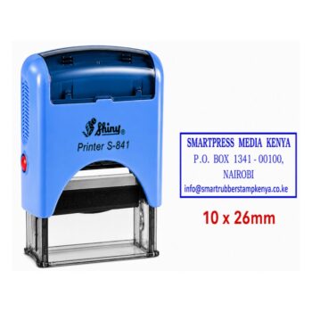 A small blue plastic Shiny S-841 pocket self-inking stamp machine casing with a 26 by 10 mm base plate.