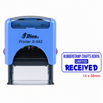 A blue rectangular plastic Shiny S-842 plain self-inking stamp body with a 38 by 14 mm base mount.