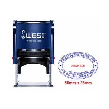 An oval WES DT-3555 self-inking dater stamp machine frame with a 55 by 35 mm plate and center date band wheels.