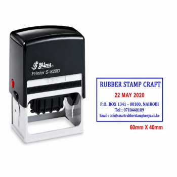 A rectangular plastic Shiny S-829D dater stamp casing showing central adjustable date wheels and a large 64 by 40 mm plate.
