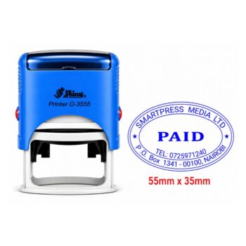 A blue oval plastic Shiny Printer O-3555 self-inking office stamp body with a 35 by 55 mm base mount.