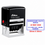 A rectangular plastic Shiny S-827D dater stamp body with central adjustable date wheels and a 50 by 30 mm frame.