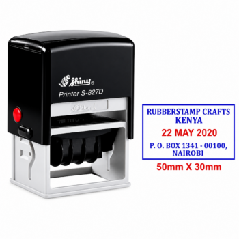 A rectangular plastic Shiny S-827D dater stamp body with central adjustable date wheels and a 50 by 30 mm frame.