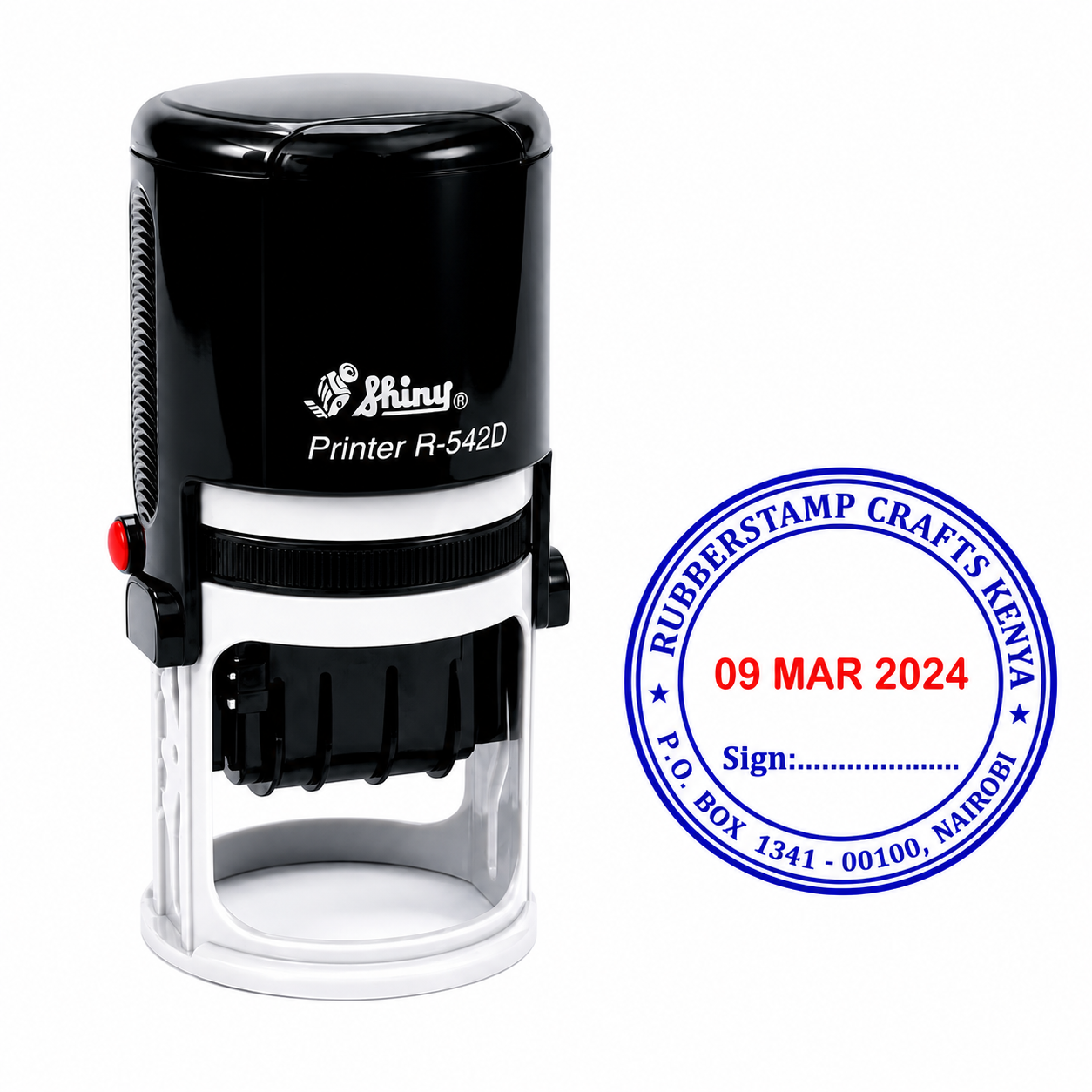 Shiny R-542D Custom Circular Rubber Dater Stamp – Ideal for Company Seals & Logos A round plastic Shiny R-542D self-inking dater stamp machine with central adjustable date wheels and a 42mm base frame