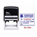 A wide black plastic Shiny Printer S-830D self-inking dater stamp body with a 75 by 38 mm base mount and center date