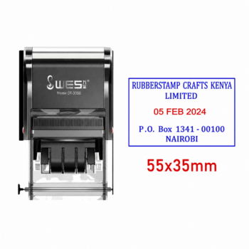 A rectangular plastic WES DT-3355 dater stamp casing showing central adjustable date wheels and a 55 by 33 mm plate.