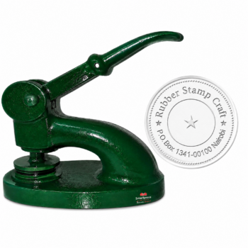 Heavy-duty desktop company seal embosser with a durable metal construction, designed for creating professional raised embossed seals on official documents.