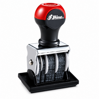 Date only stamp with adjustable rotating date bands and red and black ergonomic handle